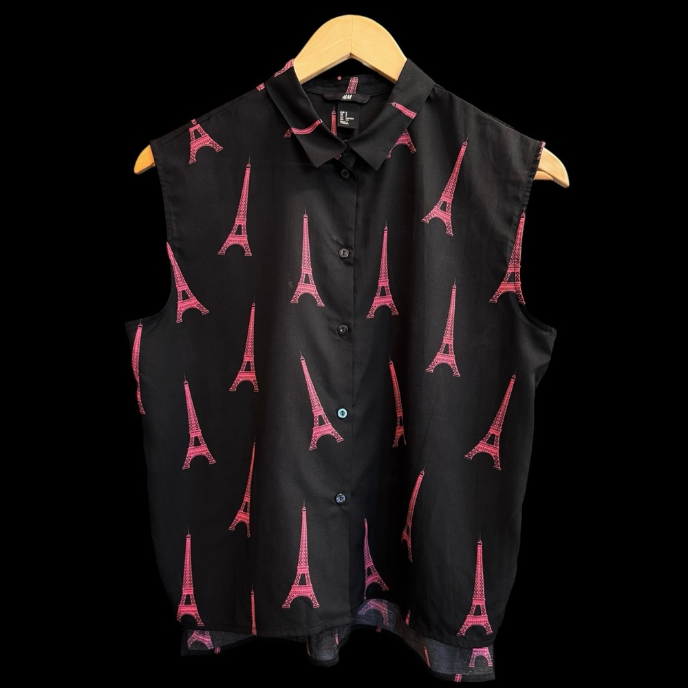 H&M Pink & Black Eiffel Tower‎ Sleeveless Button-down Top Size S #256